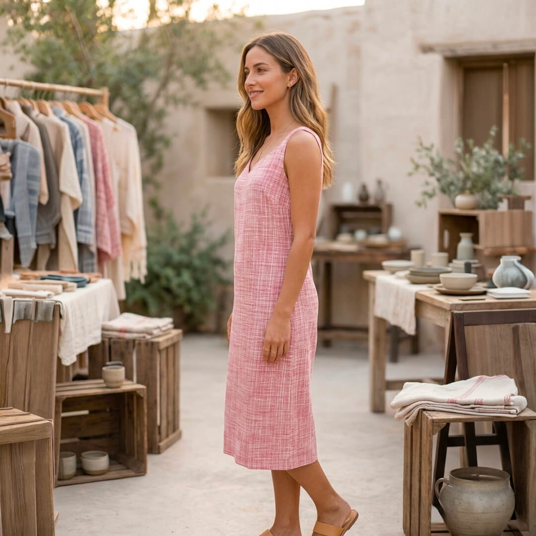 Khadi Pink Dress with Belt