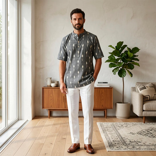 Ikkat Short Kurta in Gray