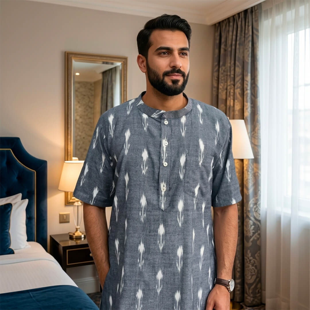 Ikkat Short Kurta in Gray