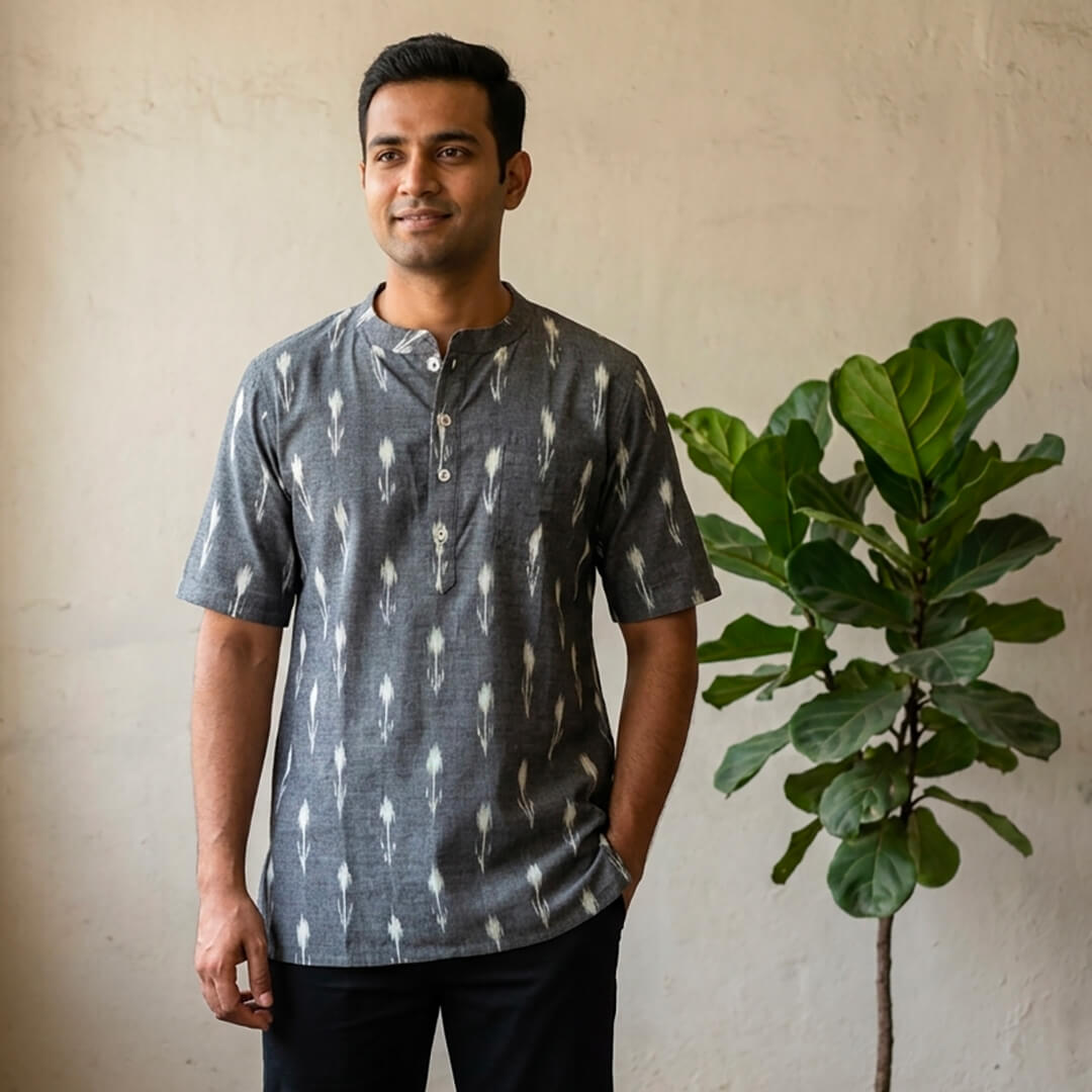 Ikkat Short Kurta in Gray