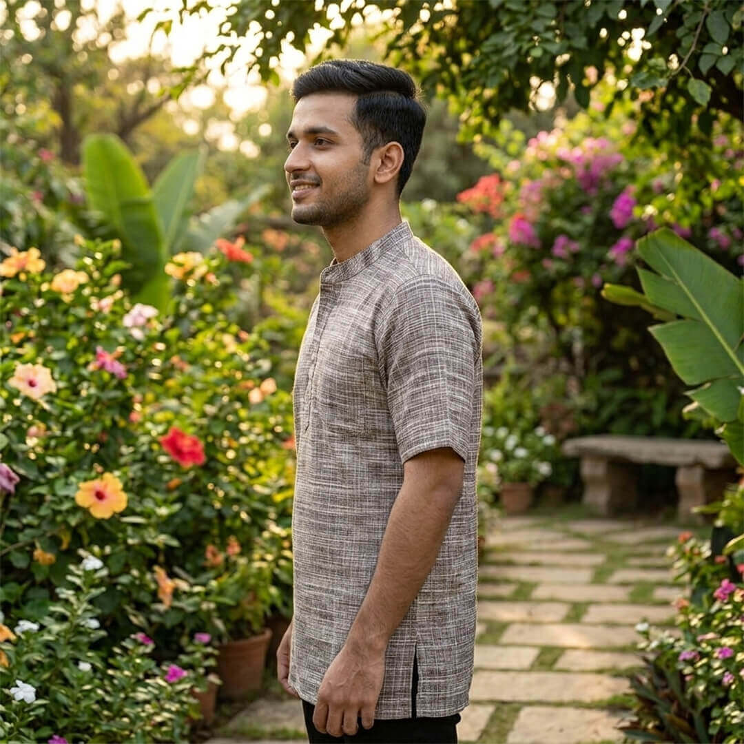 Khadi Short Kurta in Mustang Brown