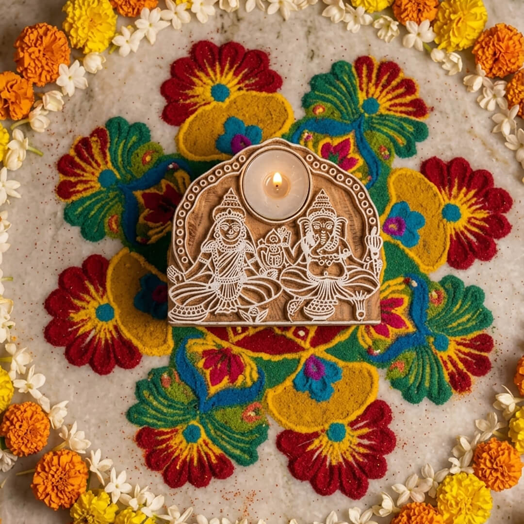 Laxmi and Ganpati Candle Holder in Raw Teakwood