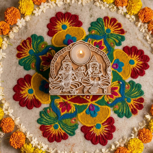 Laxmi and Ganpati Candle Holder in Raw Teakwood