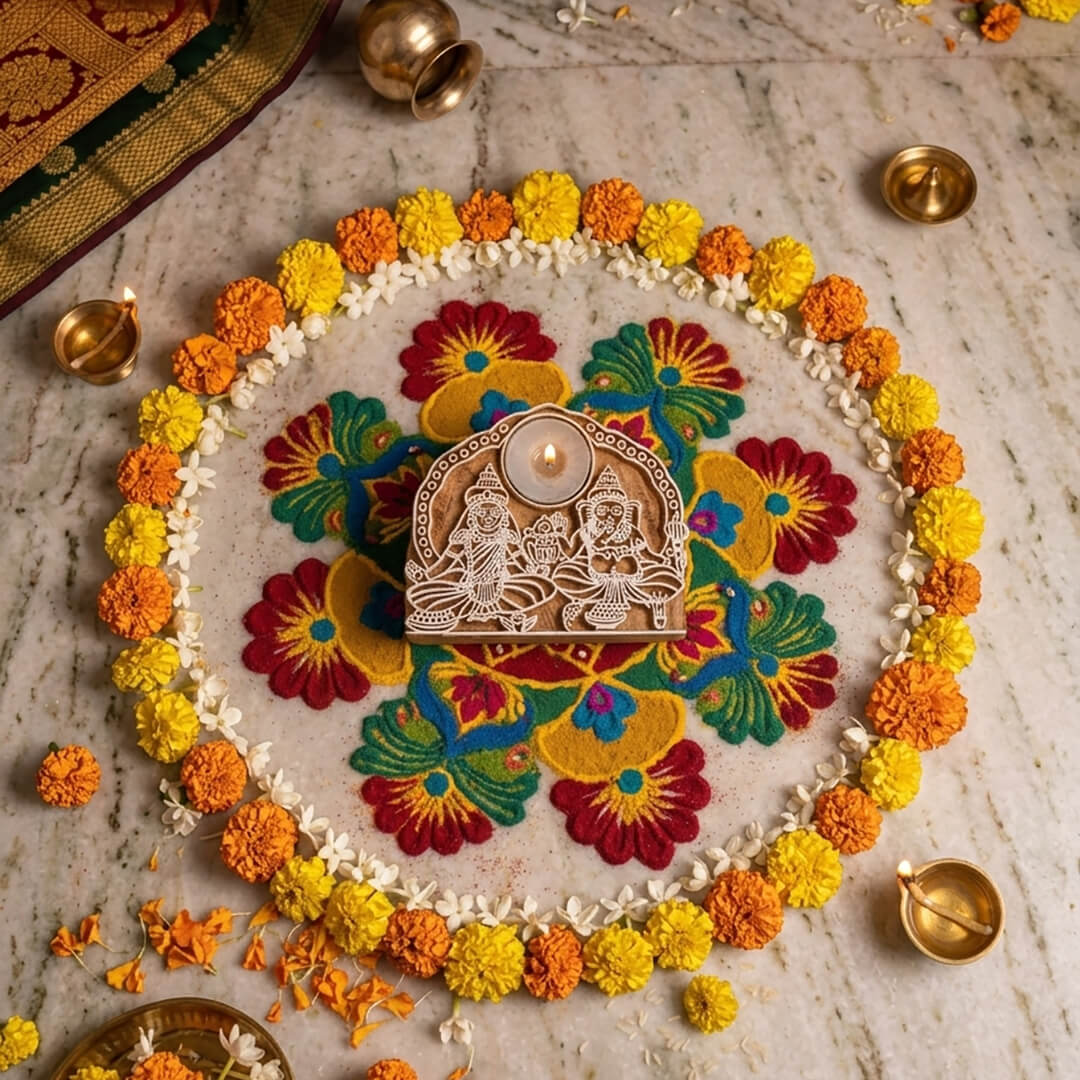 Laxmi and Ganpati Candle Holder in Raw Teakwood
