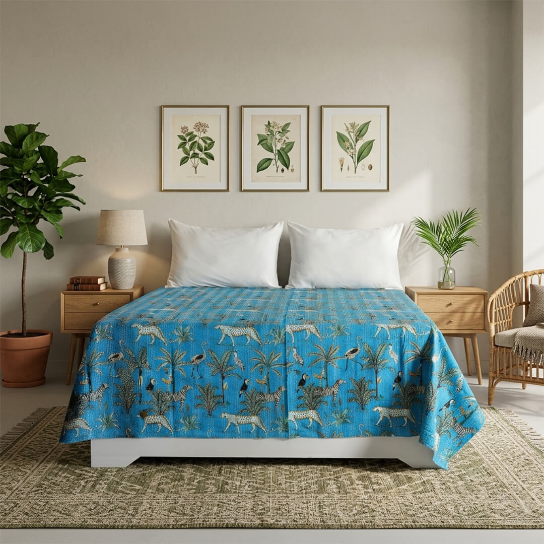 Light Blue Cream Tiger Dohar Kantha All - Over Double