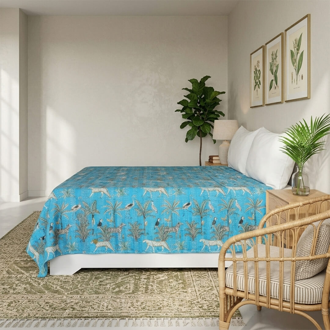 Light Blue Cream Tiger Dohar Kantha All - Over Double