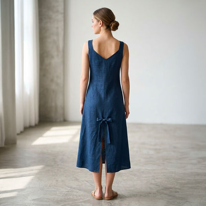 Linen Blue Dress with Frilled Pockets & Buttons