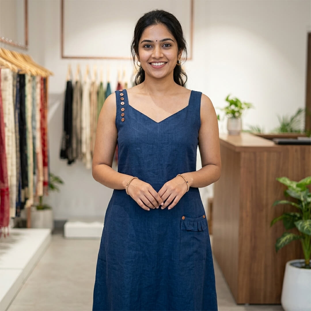 Linen Blue Dress with Frilled Pockets & Buttons