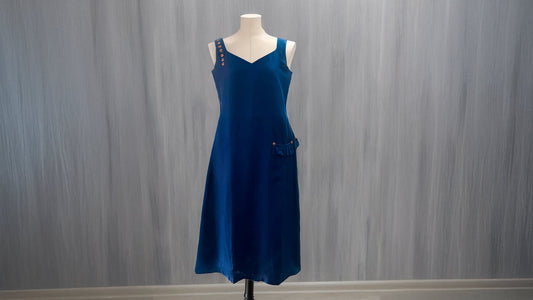 Linen Blue Dress with Frilled Pockets & Buttons