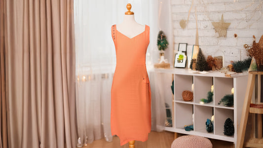 Linen Orange Dress with Frilled Pockets & Buttons