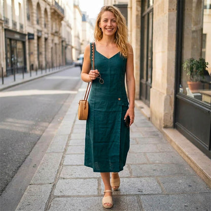 Linen Green Dress with Frilled Pockets & Buttons