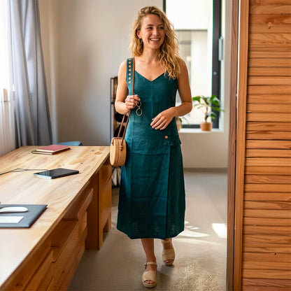 Linen Green Dress with Frilled Pockets & Buttons
