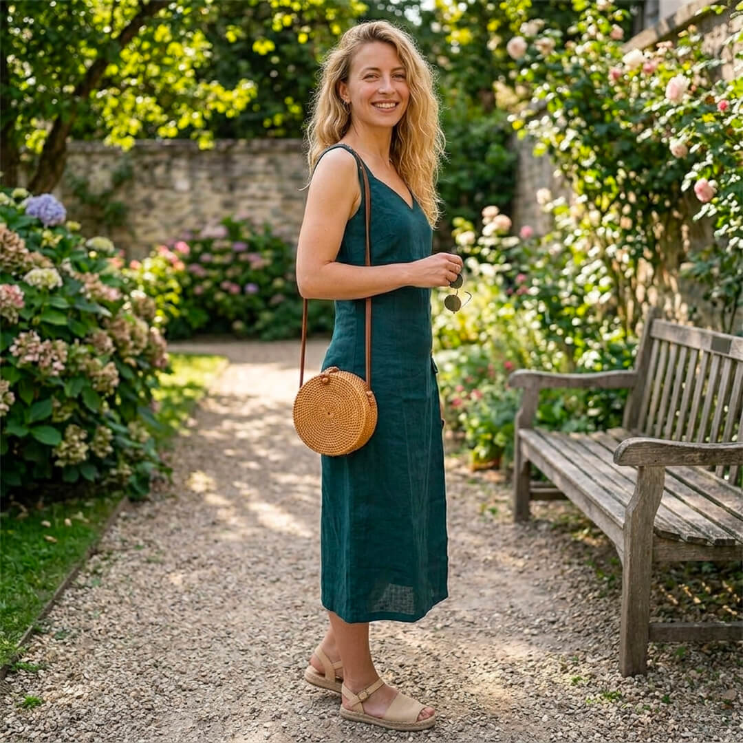 Linen Green Dress with Frilled Pockets & Buttons