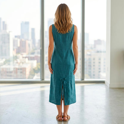 Linen Green Dress with Frilled Pockets & Buttons