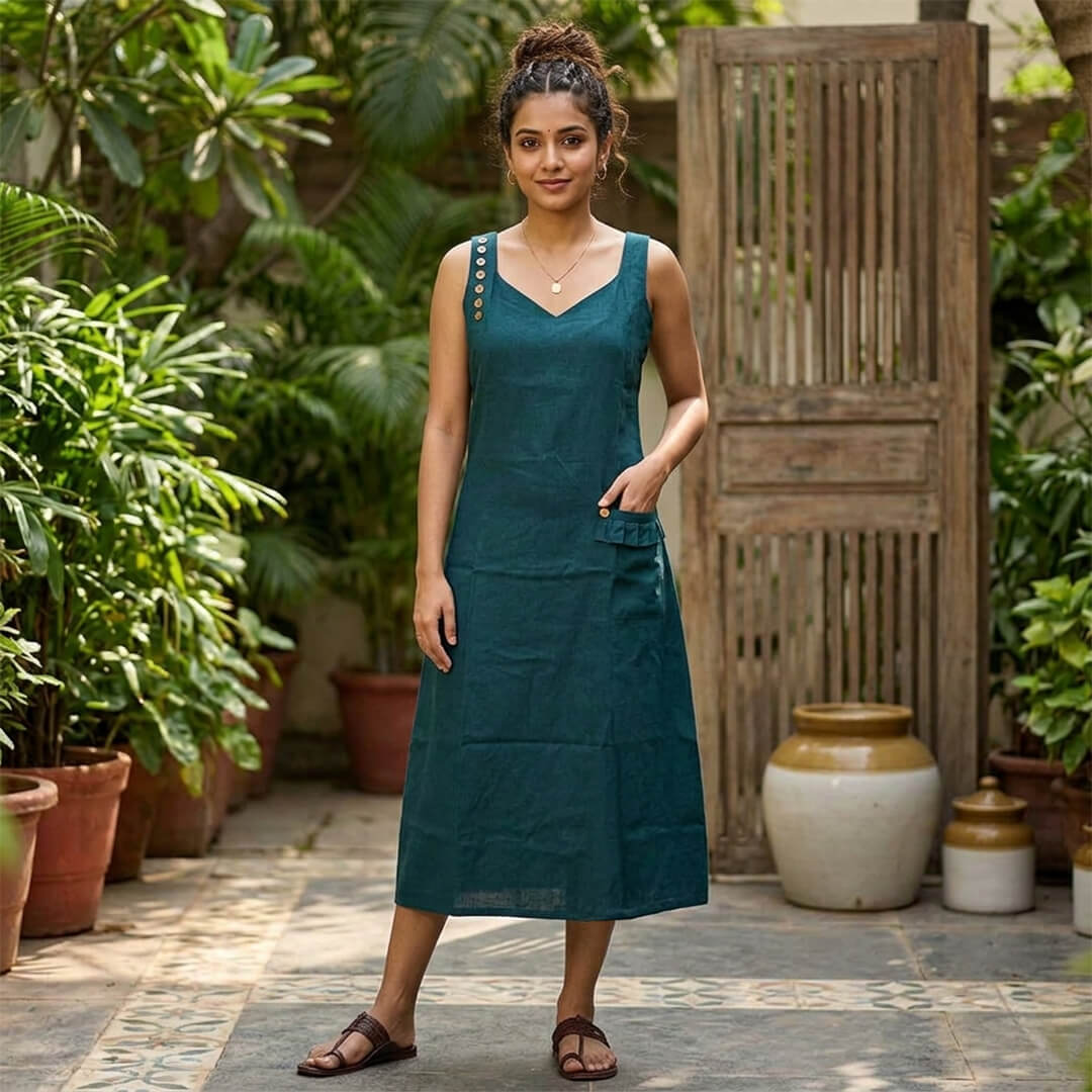 Linen Green Dress with Frilled Pockets & Buttons