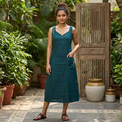 Linen Green Dress with Frilled Pockets & Buttons