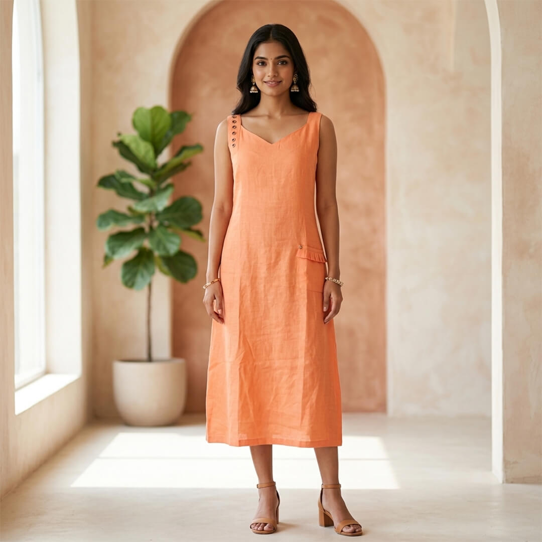 Linen Orange Dress with Frilled Pockets & Buttons