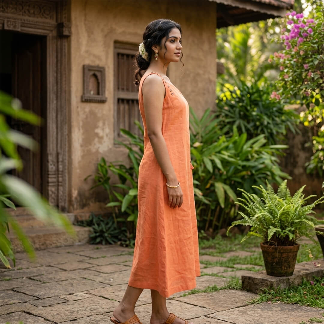 Linen Orange Dress with Frilled Pockets & Buttons