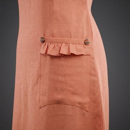 Linen Orange Dress with Frilled Pockets & Buttons