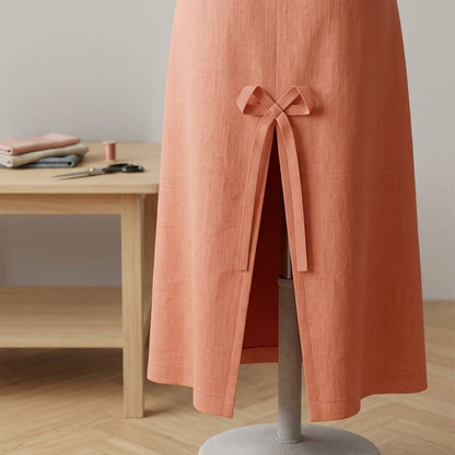 Linen Orange Dress with Frilled Pockets & Buttons