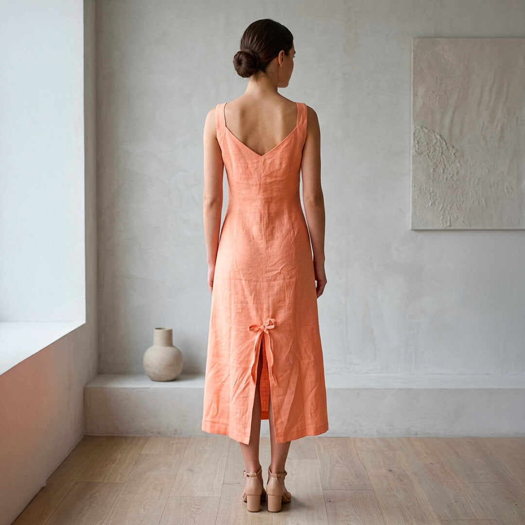 Linen Orange Dress with Frilled Pockets & Buttons