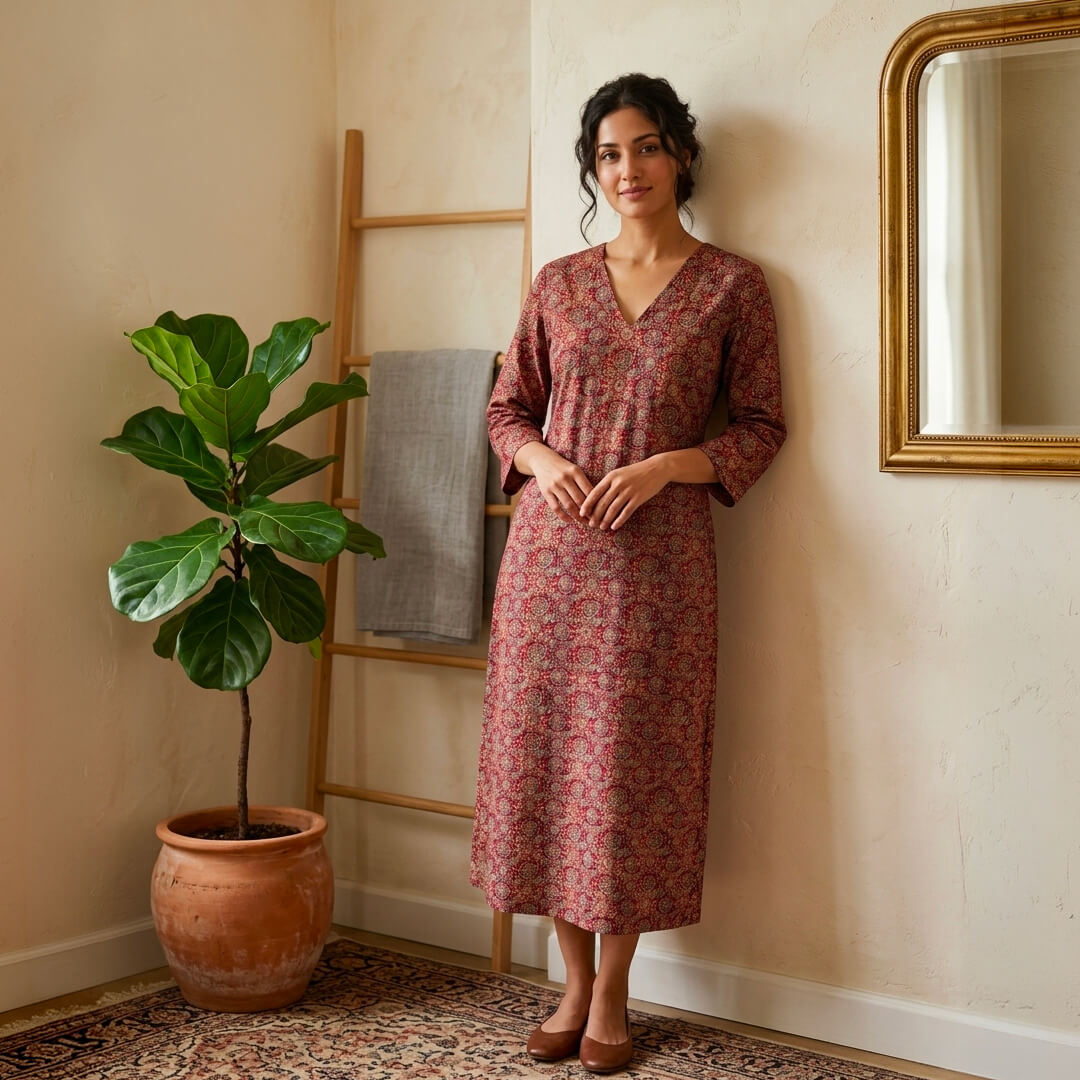 Long Dress with Pockets in Red Ajrak