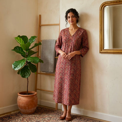 Long Dress with Pockets in Red Ajrak
