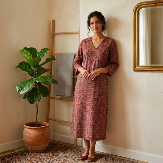 Long Dress with Pockets in Red Ajrak