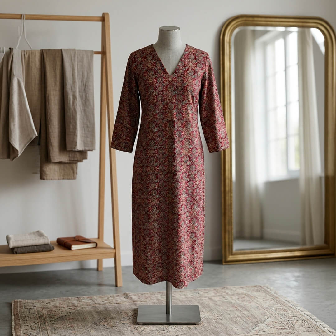 Long Dress with Pockets in Red Ajrak