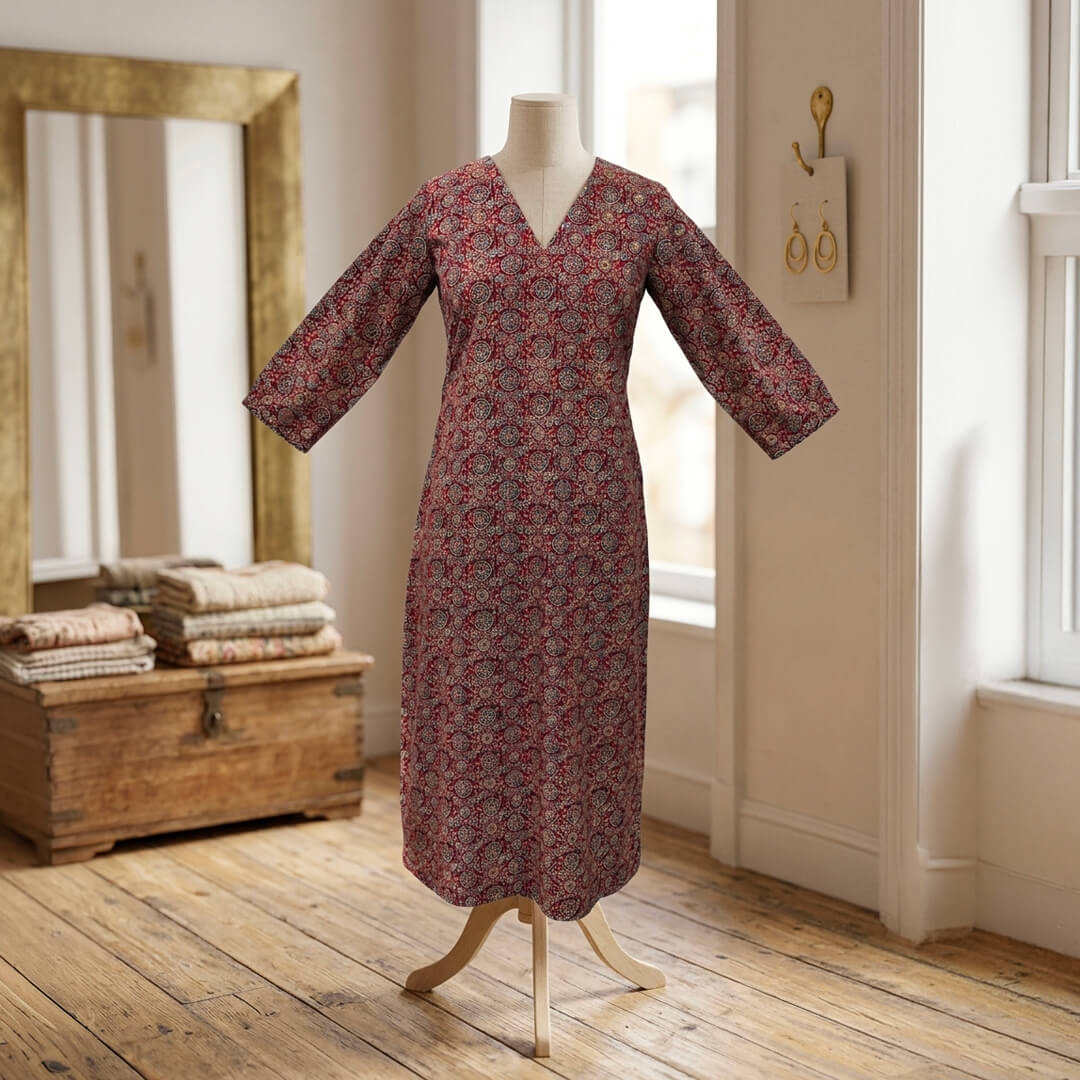 Long Dress with Pockets in Red Ajrak