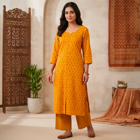 Ikkat Long Kurta in Empire Yellow