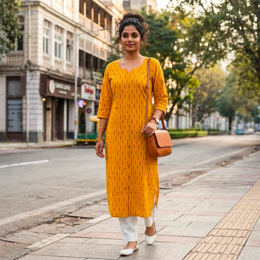 Ikkat Long Kurta in Empire Yellow