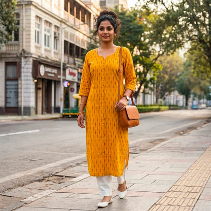 Ikkat Long Kurta in Empire Yellow