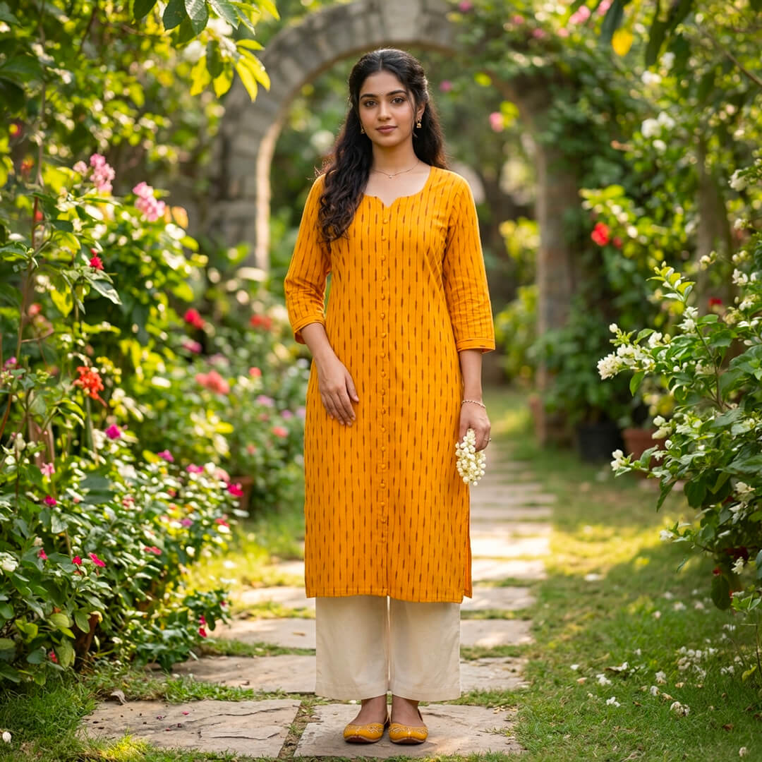 Ikkat Long Kurta in Empire Yellow