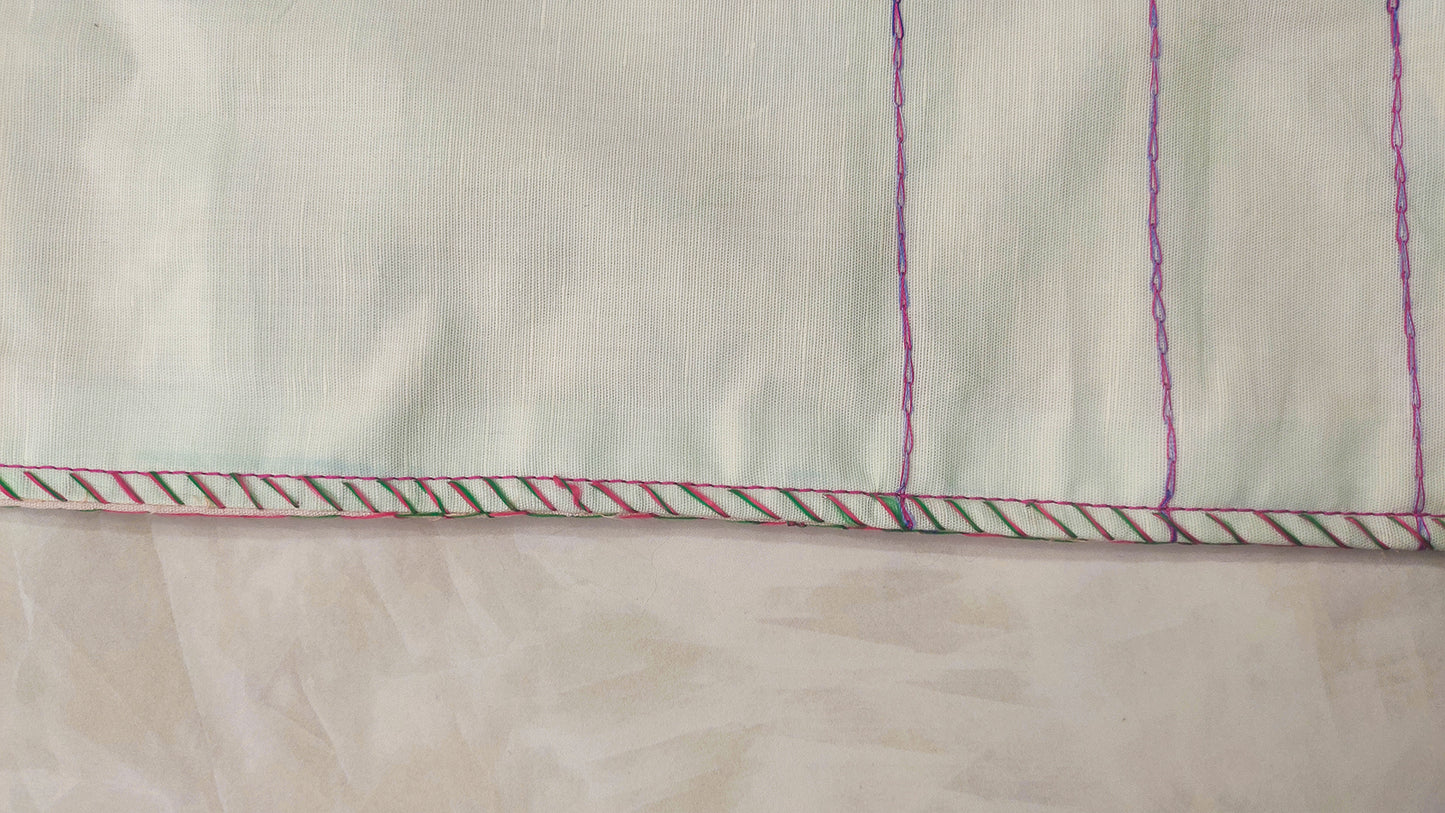 Hand embroidered with pink and purple cotton thread with golden zari, this handcrafted table runner is paired with set of 6 lap napkins. Designed to be double sided.