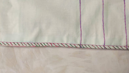 Hand embroidered with pink and purple cotton thread with golden zari, this handcrafted table runner is paired with set of 6 lap napkins. Designed to be double sided.