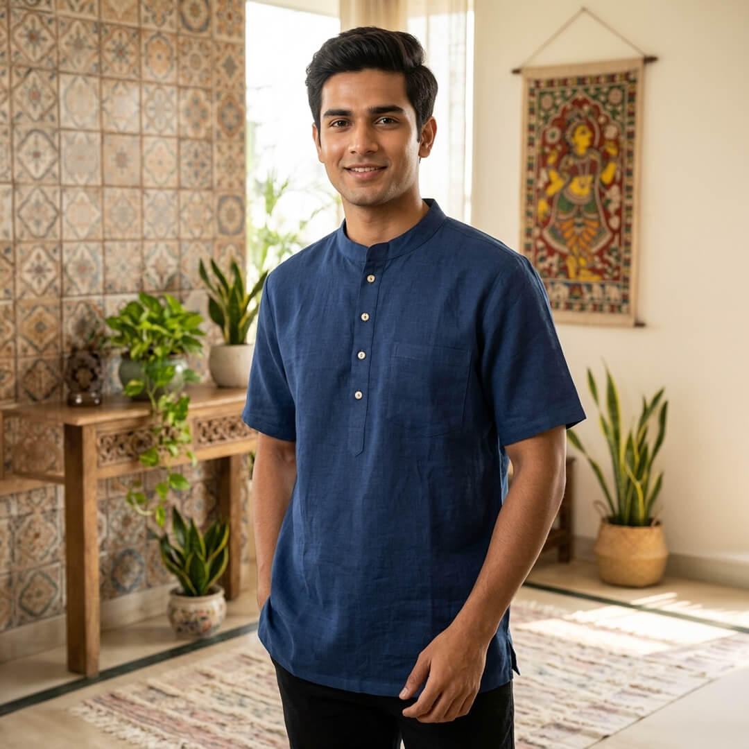 Pure Linen Blue Short Kurta