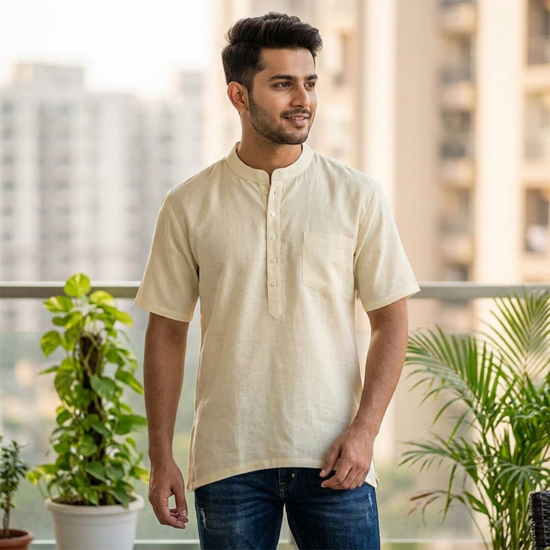 Pure Linen Yellow Short Kurta