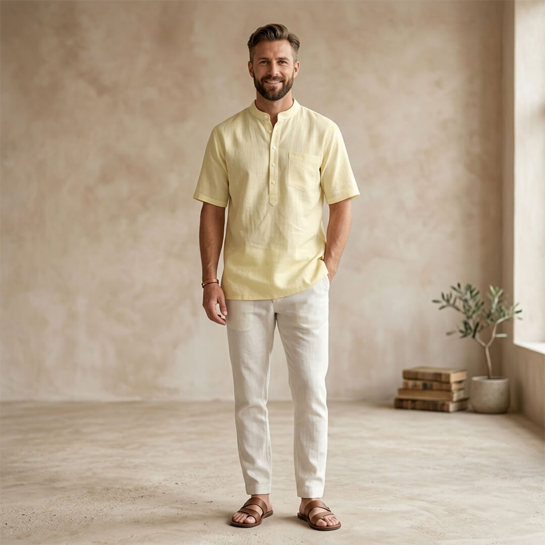 Pure Linen Yellow Short Kurta