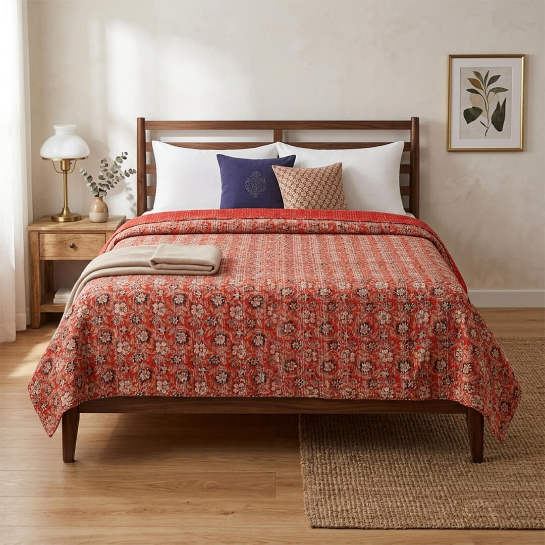 Red Cream Flowers Dohar Kantha All - Over Double