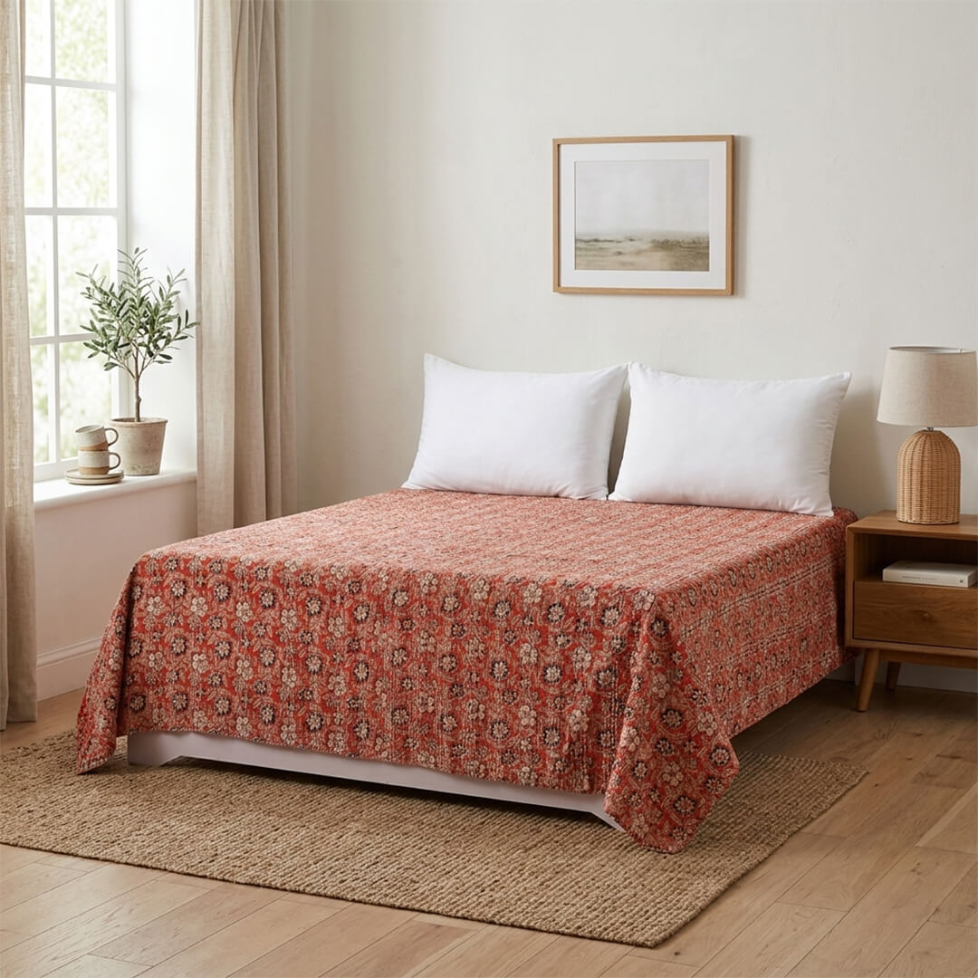 Red Cream Flowers Dohar Kantha All - Over Double