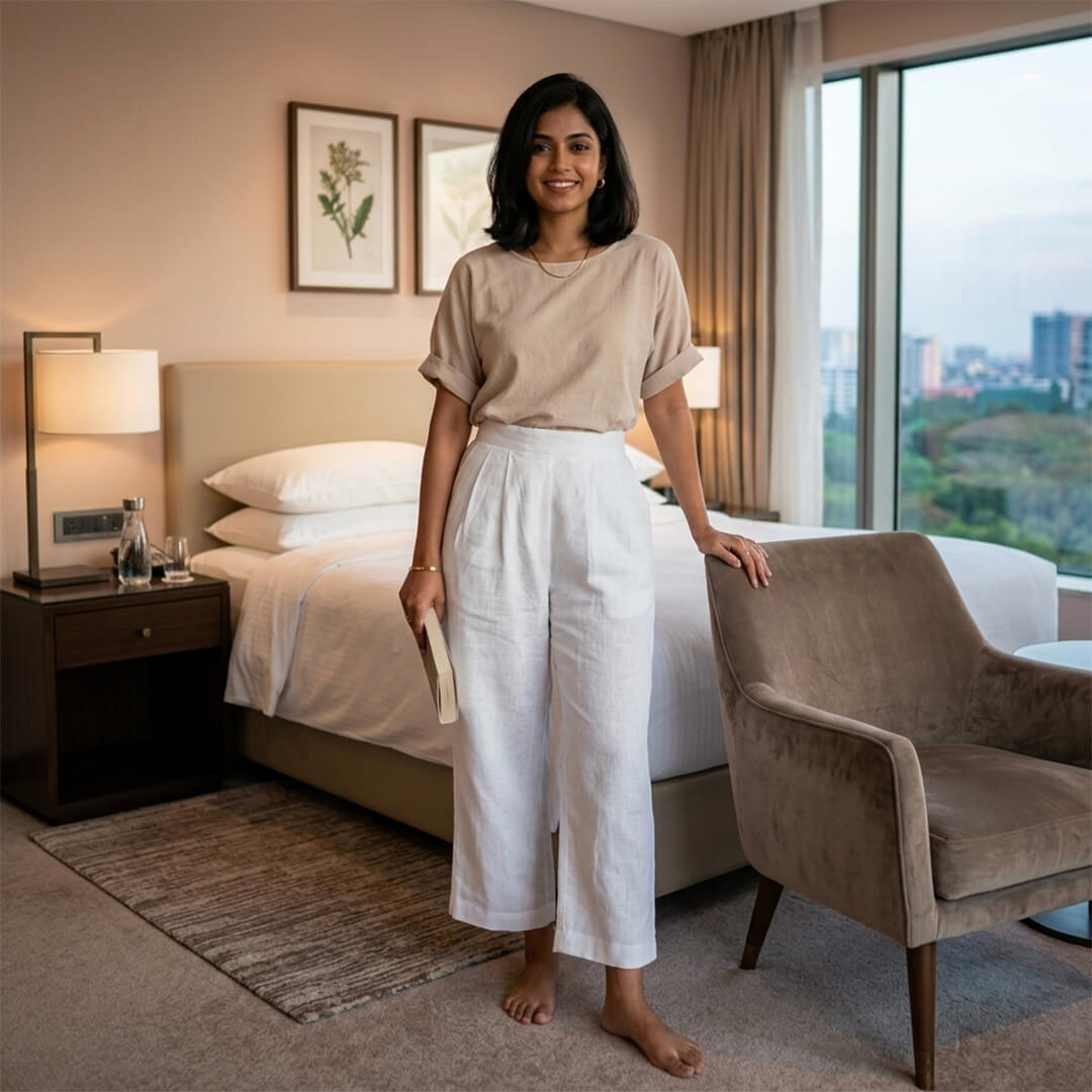 Woman standing in a stylish bedroom with modern decor