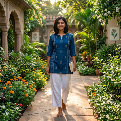 Woman in a blue top and white linen pants walking through a garden path.